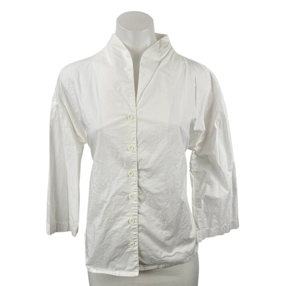 Ozai N Ku Dynaco White Stand Collar Long Sleeve Button Down Shirt Blouse Top XS